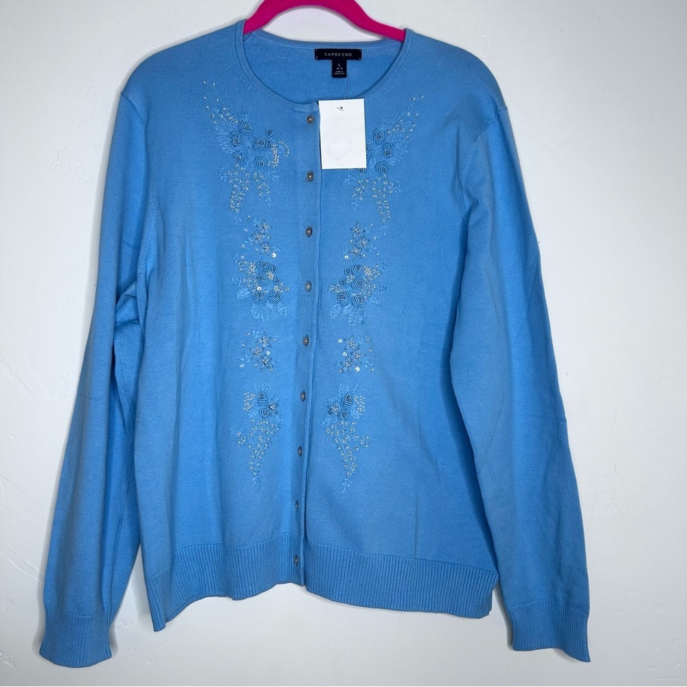 NWOT Lands End Pastel Blue Cardigan Embroidery and Pearl Design SZ Large Spring